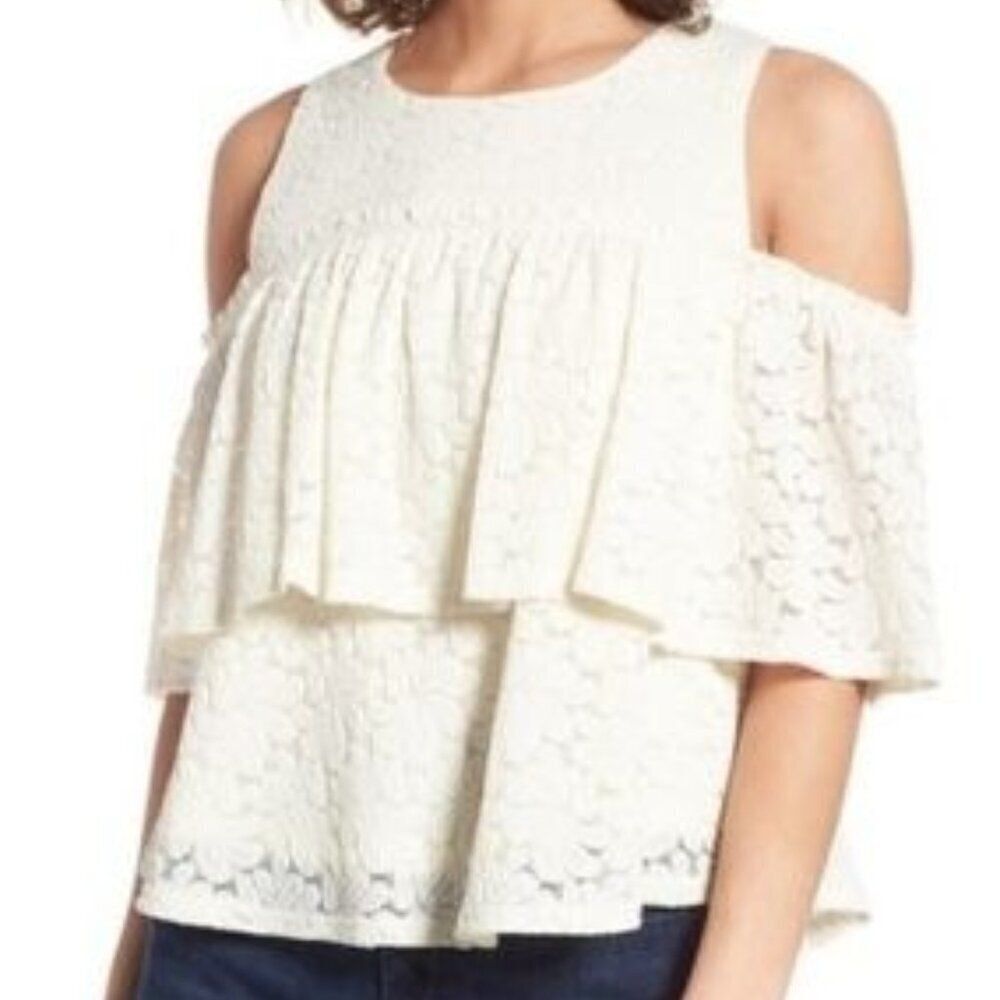 J.O.A. Womens S Los Angeles Cream Lace Cold Shoulder Top